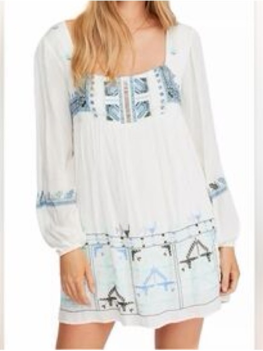 Free People White Embroidered Boho Peasant Dress with Blue Accents Size Med